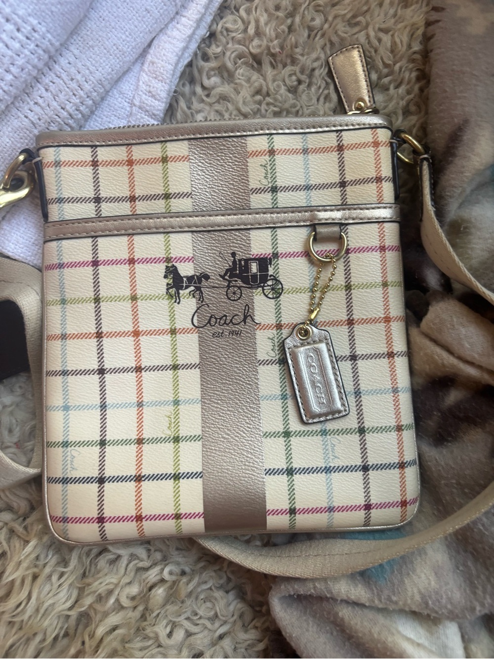 Coach Cream Multicolor Plaid Crossbody with Metallic Trim